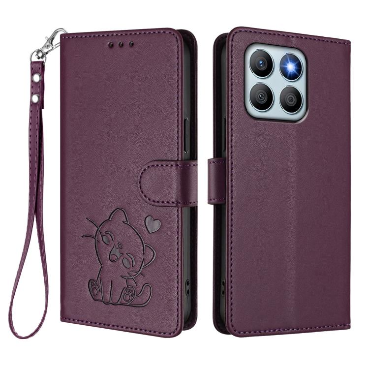 For Honor X8b Embossed Heart Cat Leather Phone Case with Hand Strap