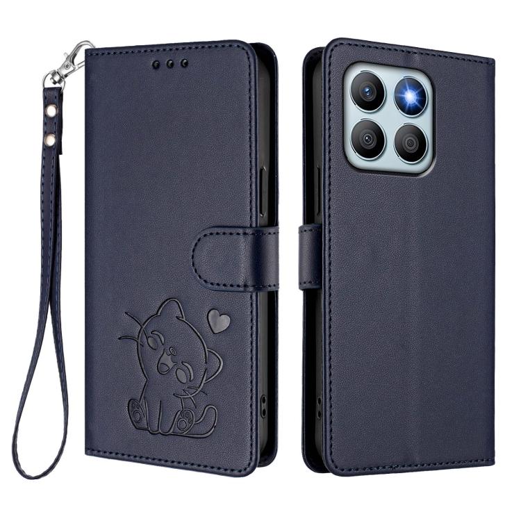 For Honor X8b Embossed Heart Cat Leather Phone Case with Hand Strap