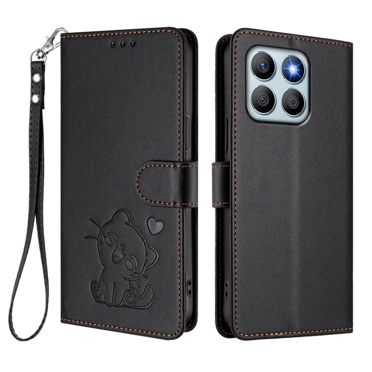 For Honor X8b Embossed Heart Cat Leather Phone Case with Hand Strap
