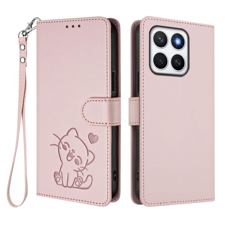 For Honor X8c 4G Embossed Heart Cat Leather Phone Case with Hand Strap