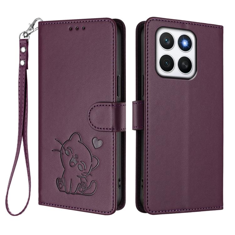 For Honor X8c 4G Embossed Heart Cat Leather Phone Case with Hand Strap