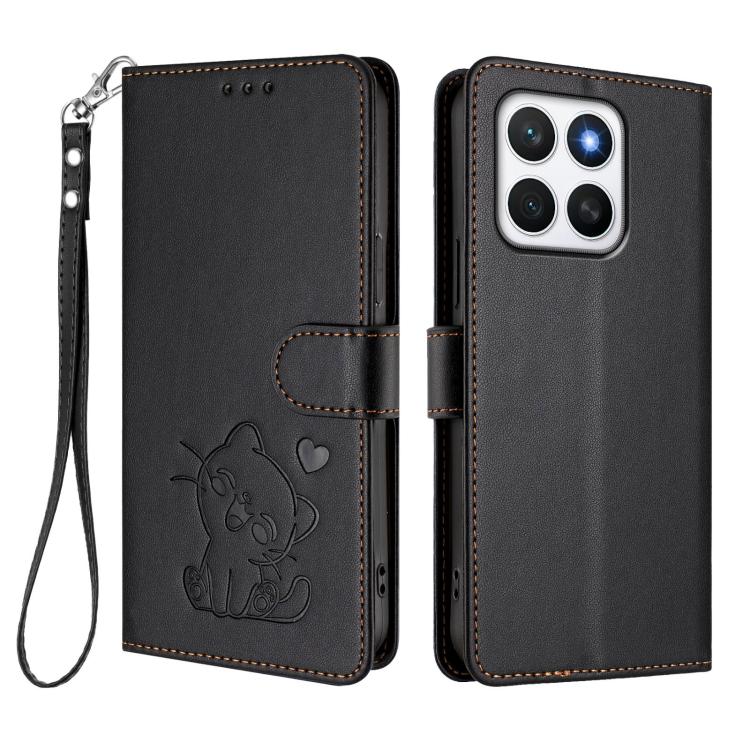 For Honor X8c 4G Embossed Heart Cat Leather Phone Case with Hand Strap