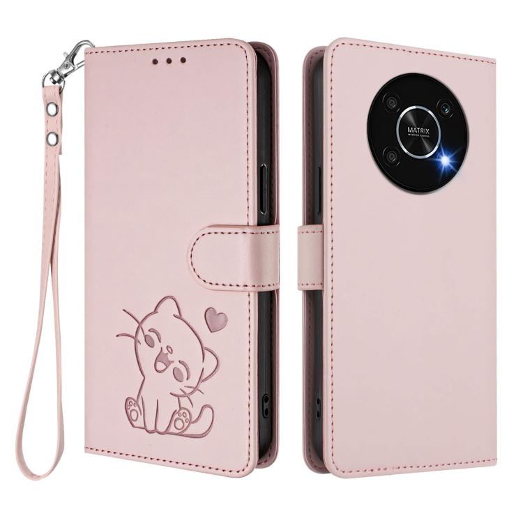 For Honor X9 5G / X9 4G Embossed Heart Cat Leather Phone Case with Hand Strap