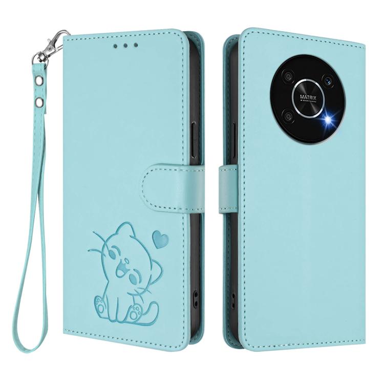 For Honor X9 5G / X9 4G Embossed Heart Cat Leather Phone Case with Hand Strap