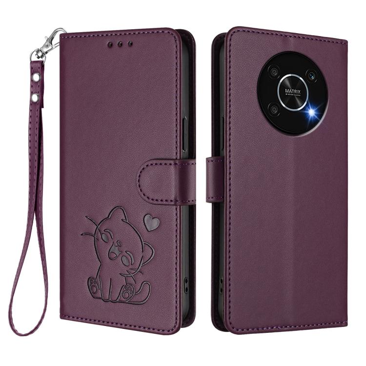For Honor X9 5G / X9 4G Embossed Heart Cat Leather Phone Case with Hand Strap