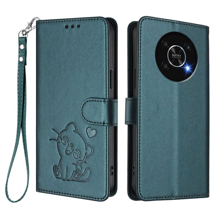 For Honor X9 5G / X9 4G Embossed Heart Cat Leather Phone Case with Hand Strap