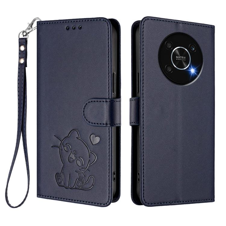 For Honor X9 5G / X9 4G Embossed Heart Cat Leather Phone Case with Hand Strap