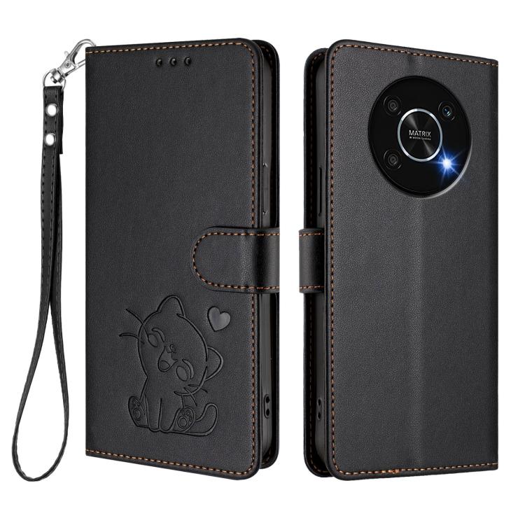For Honor X9 5G / X9 4G Embossed Heart Cat Leather Phone Case with Hand Strap