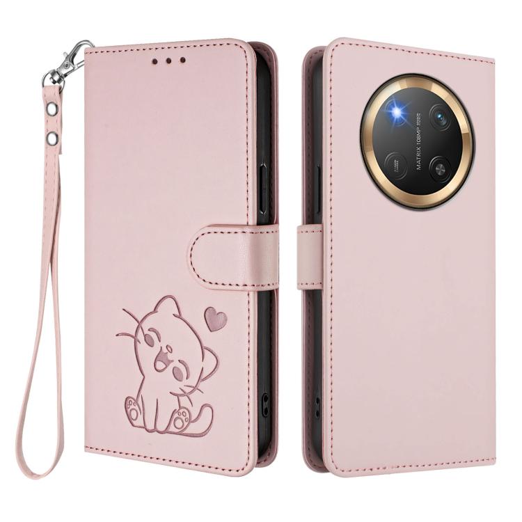 For Honor X9c / X60 Pro / Magic7 Lite Embossed Heart Cat Leather Phone Case with Hand Strap
