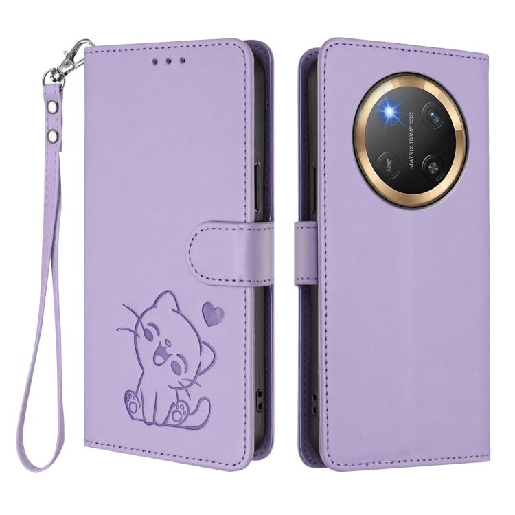 For Honor X9c / X60 Pro / Magic7 Lite Embossed Heart Cat Leather Phone Case with Hand Strap