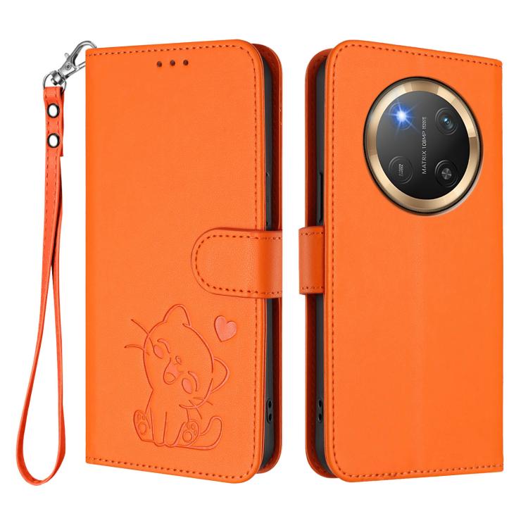 For Honor X9c / X60 Pro / Magic7 Lite Embossed Heart Cat Leather Phone Case with Hand Strap