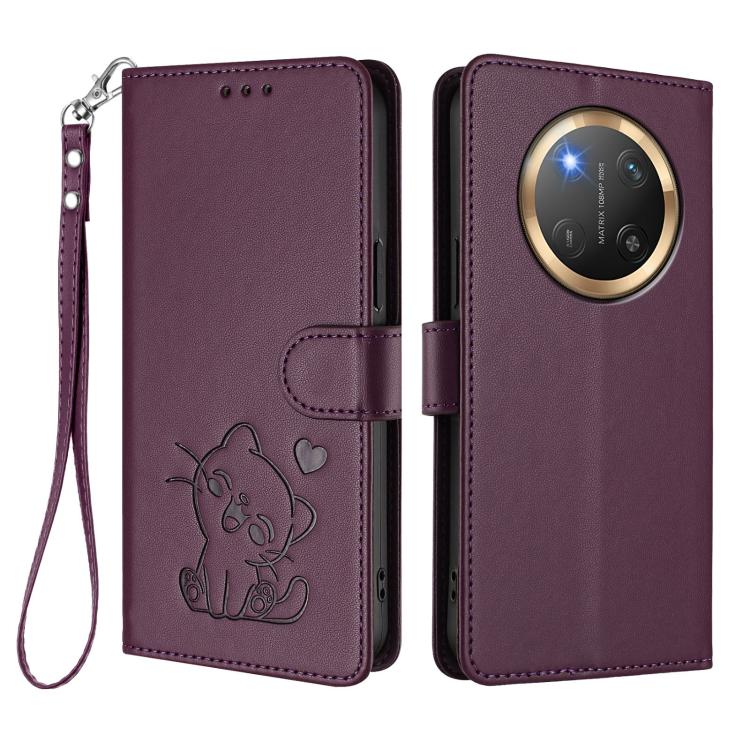 For Honor X9c / X60 Pro / Magic7 Lite Embossed Heart Cat Leather Phone Case with Hand Strap