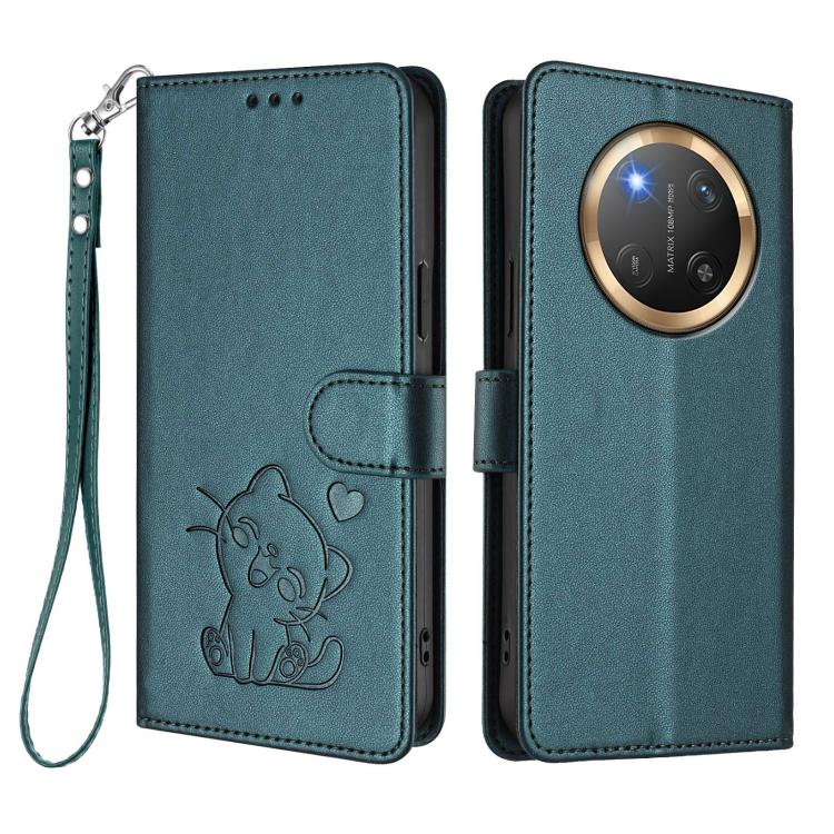 For Honor X9c / X60 Pro / Magic7 Lite Embossed Heart Cat Leather Phone Case with Hand Strap