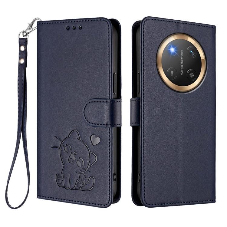 For Honor X9c / X60 Pro / Magic7 Lite Embossed Heart Cat Leather Phone Case with Hand Strap
