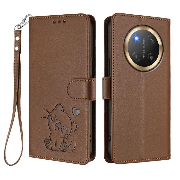 For Honor X9c / X60 Pro / Magic7 Lite Embossed Heart Cat Leather Phone Case with Hand Strap