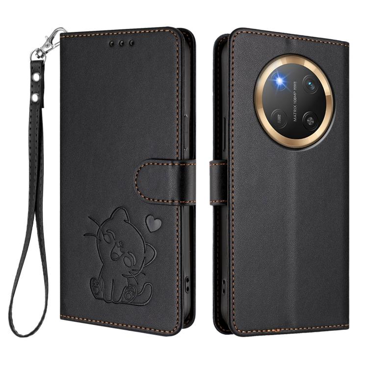 For Honor X9c / X60 Pro / Magic7 Lite Embossed Heart Cat Leather Phone Case with Hand Strap