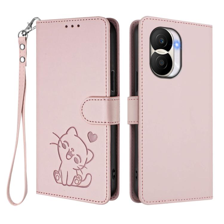 For Honor X40i Embossed Heart Cat Leather Phone Case with Hand Strap