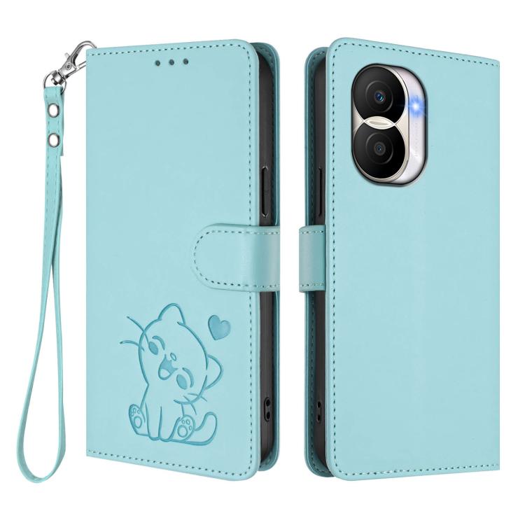 For Honor X40i Embossed Heart Cat Leather Phone Case with Hand Strap