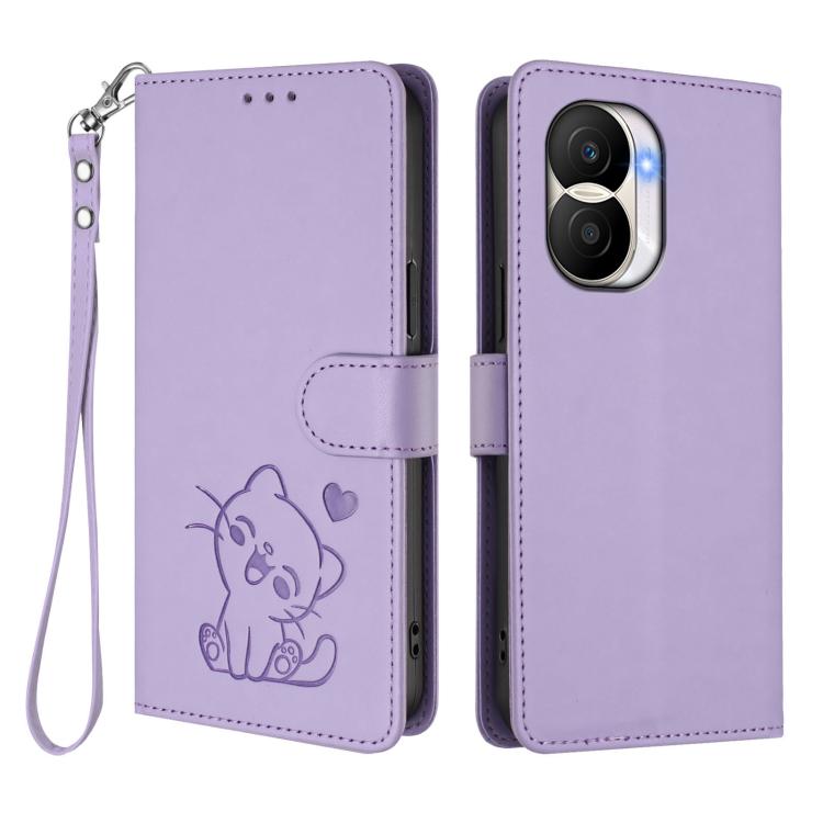 For Honor X40i Embossed Heart Cat Leather Phone Case with Hand Strap
