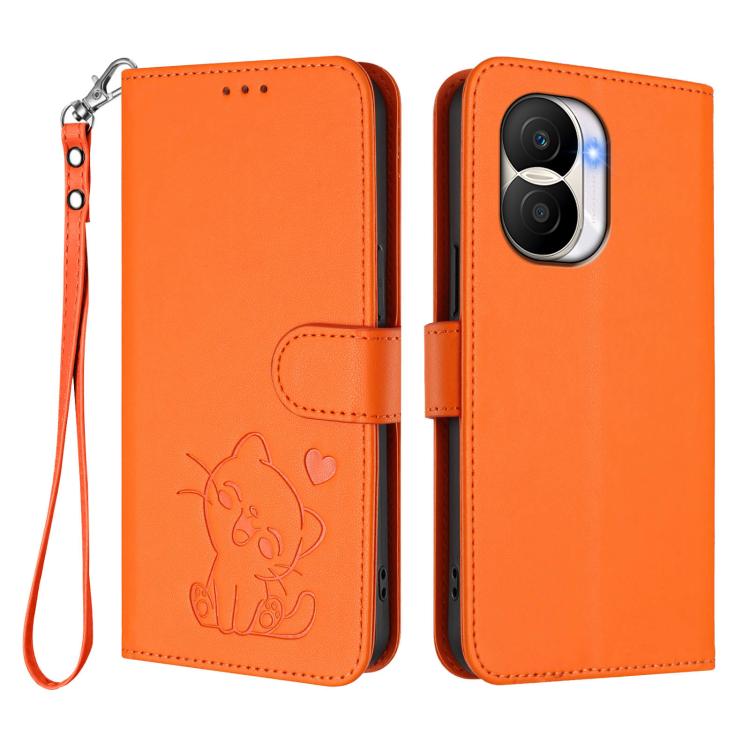 For Honor X40i Embossed Heart Cat Leather Phone Case with Hand Strap