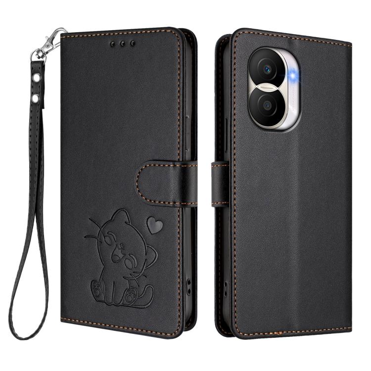 For Honor X40i Embossed Heart Cat Leather Phone Case with Hand Strap