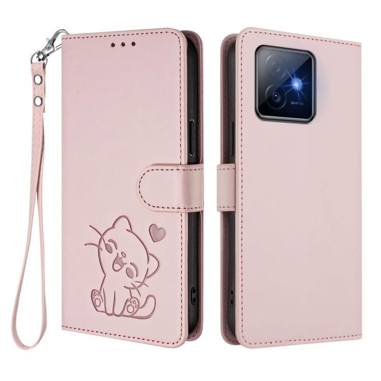 For Honor X60 GT Embossed Heart Cat Leather Phone Case with Hand Strap