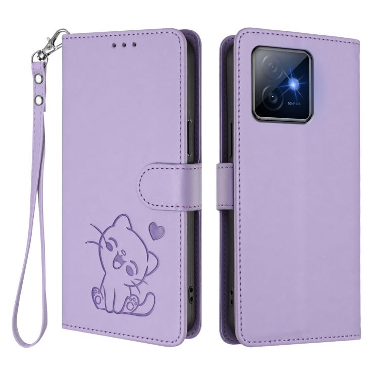 For Honor X60 GT Embossed Heart Cat Leather Phone Case with Hand Strap