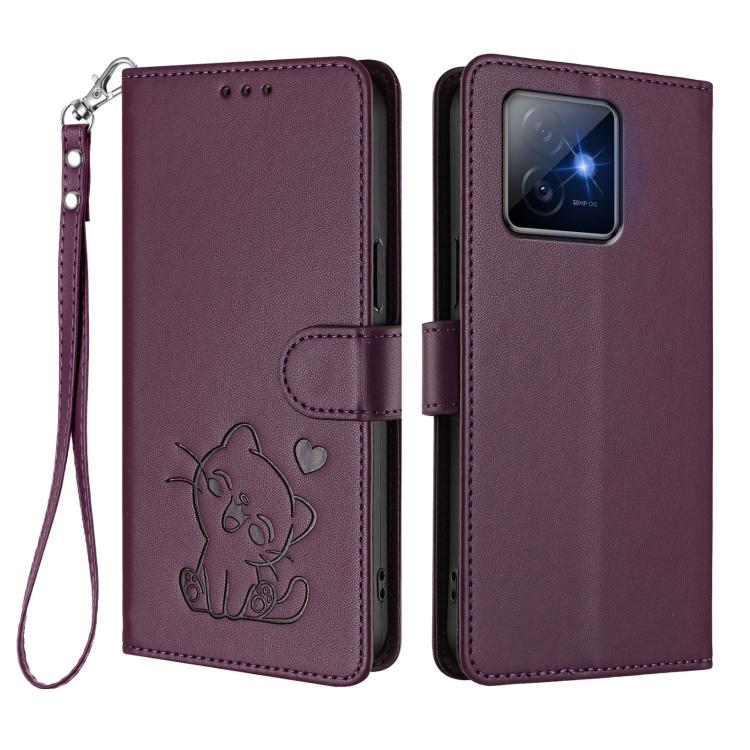 For Honor X60 GT Embossed Heart Cat Leather Phone Case with Hand Strap