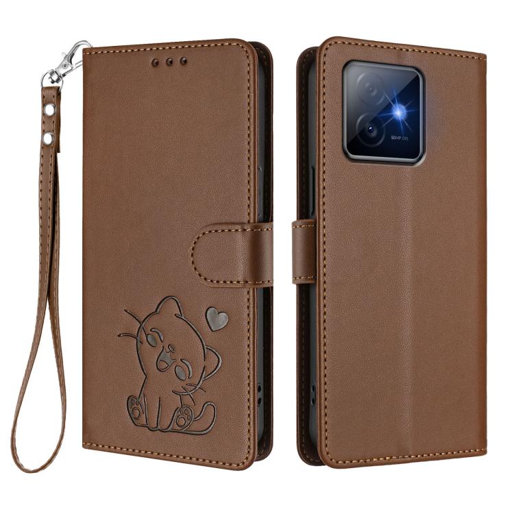 For Honor X60 GT Embossed Heart Cat Leather Phone Case with Hand Strap