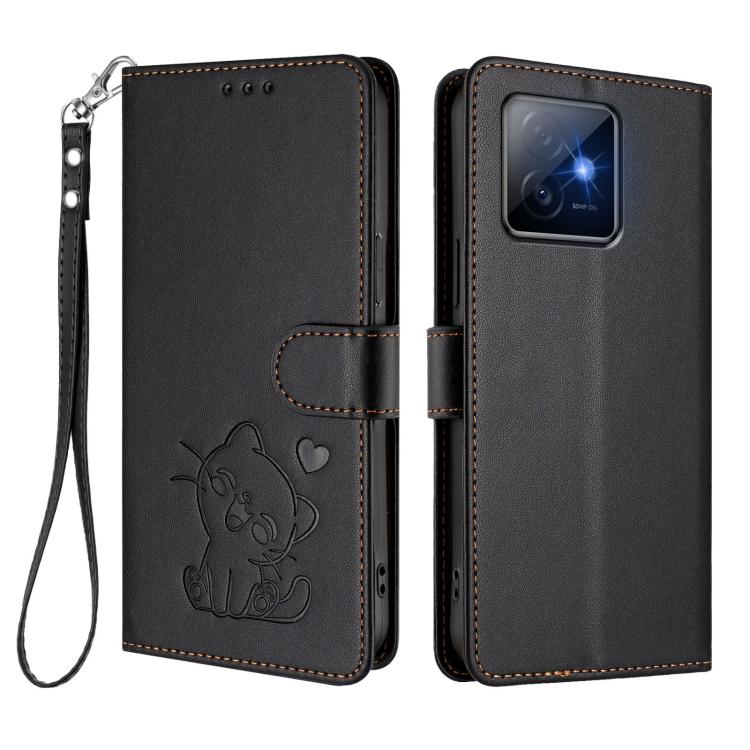 For Honor X60 GT Embossed Heart Cat Leather Phone Case with Hand Strap