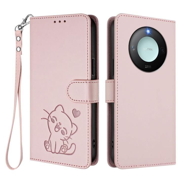 For Honor X60 / Honor X9c Smart Embossed Heart Cat Leather Phone Case with Hand Strap
