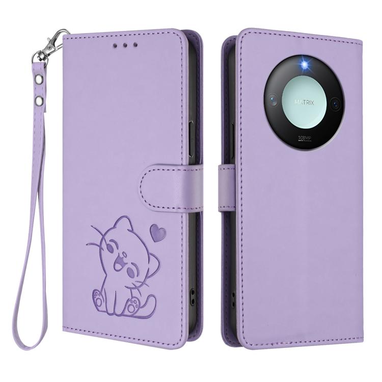 For Honor X60 / Honor X9c Smart Embossed Heart Cat Leather Phone Case with Hand Strap