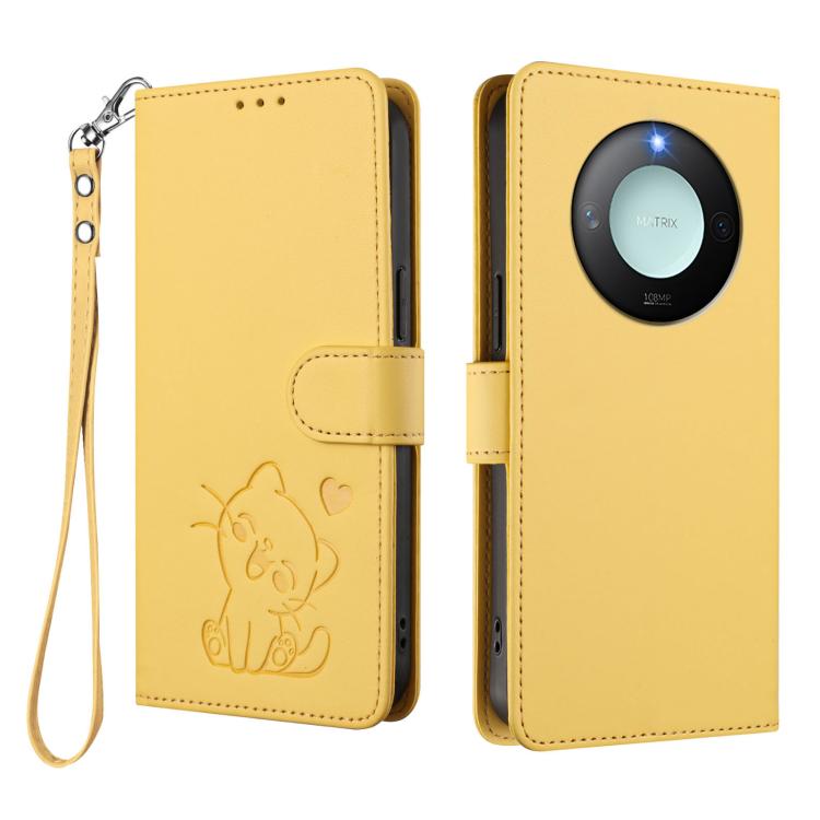 For Honor X60 / Honor X9c Smart Embossed Heart Cat Leather Phone Case with Hand Strap
