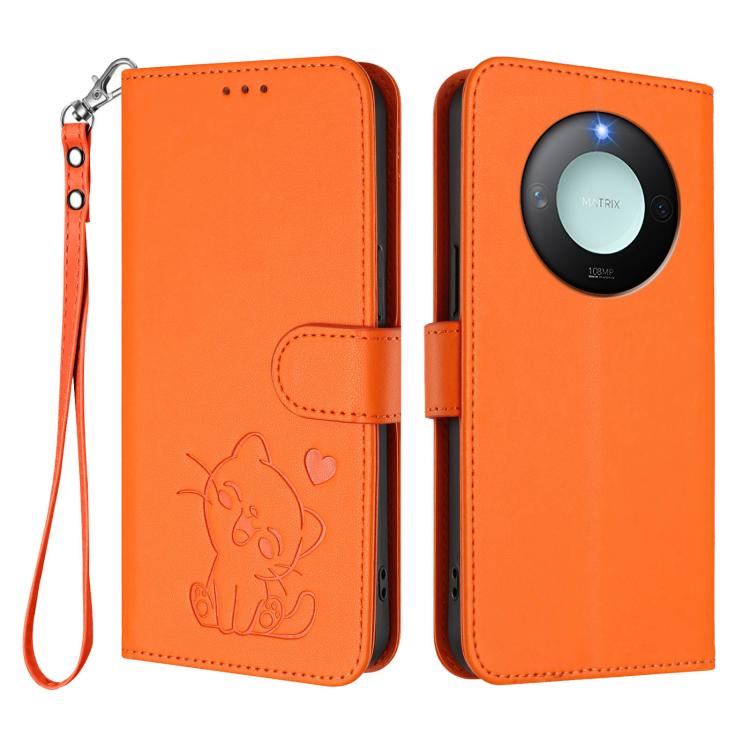 For Honor X60 / Honor X9c Smart Embossed Heart Cat Leather Phone Case with Hand Strap