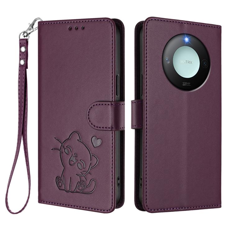 For Honor X60 / Honor X9c Smart Embossed Heart Cat Leather Phone Case with Hand Strap