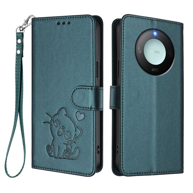 For Honor X60 / Honor X9c Smart Embossed Heart Cat Leather Phone Case with Hand Strap