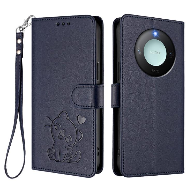 For Honor X60 / Honor X9c Smart Embossed Heart Cat Leather Phone Case with Hand Strap