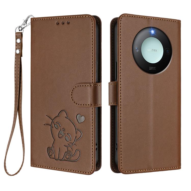 For Honor X60 / Honor X9c Smart Embossed Heart Cat Leather Phone Case with Hand Strap