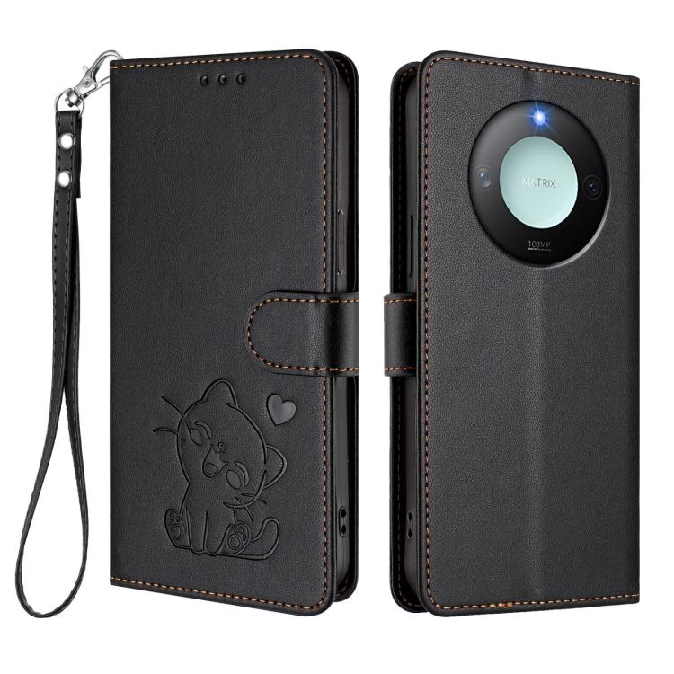 For Honor X60 / Honor X9c Smart Embossed Heart Cat Leather Phone Case with Hand Strap