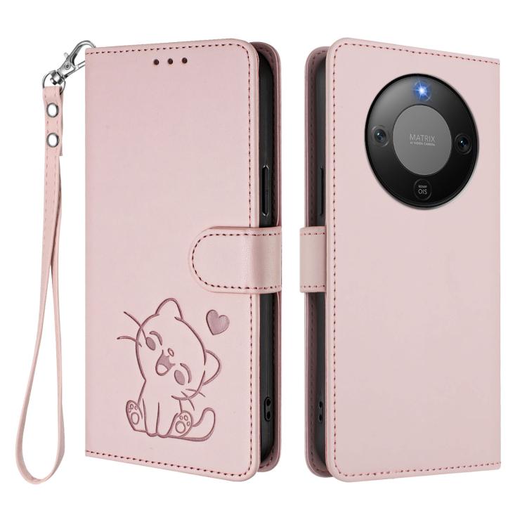 For Honor X70 5G Embossed Heart Cat Leather Phone Case with Hand Strap