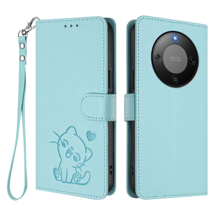 For Honor X70 5G Embossed Heart Cat Leather Phone Case with Hand Strap