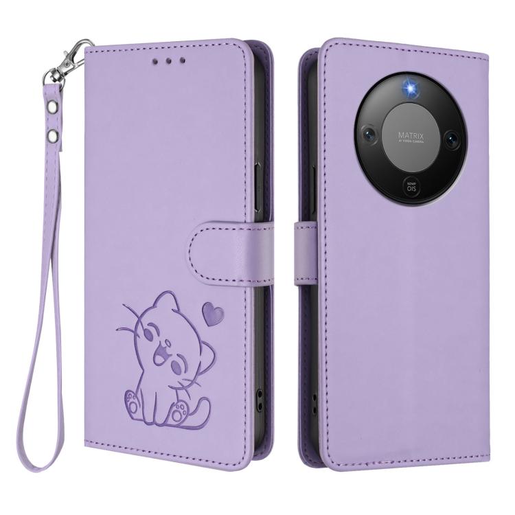 For Honor X70 5G Embossed Heart Cat Leather Phone Case with Hand Strap