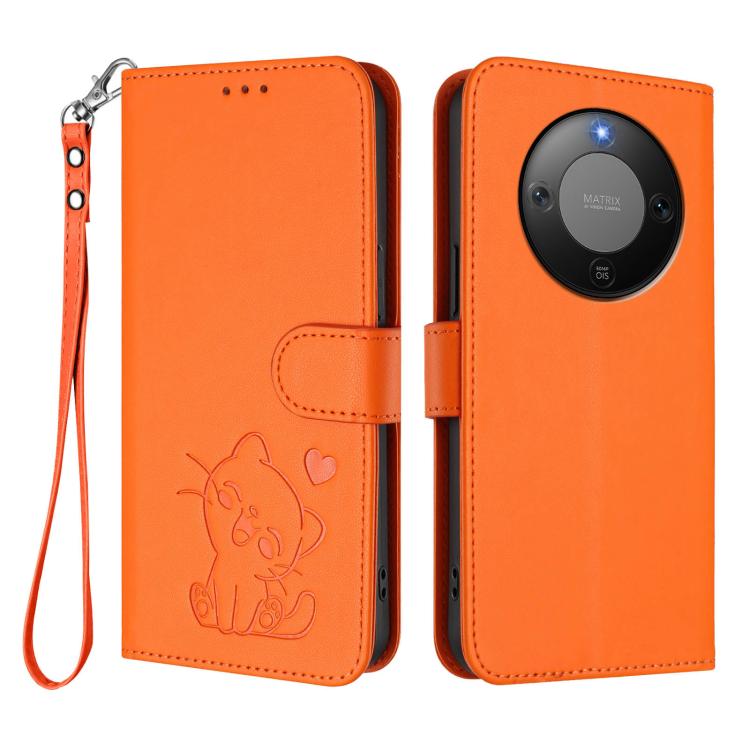 For Honor X70 5G Embossed Heart Cat Leather Phone Case with Hand Strap