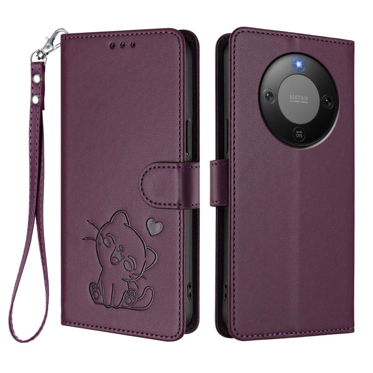 For Honor X70 5G Embossed Heart Cat Leather Phone Case with Hand Strap