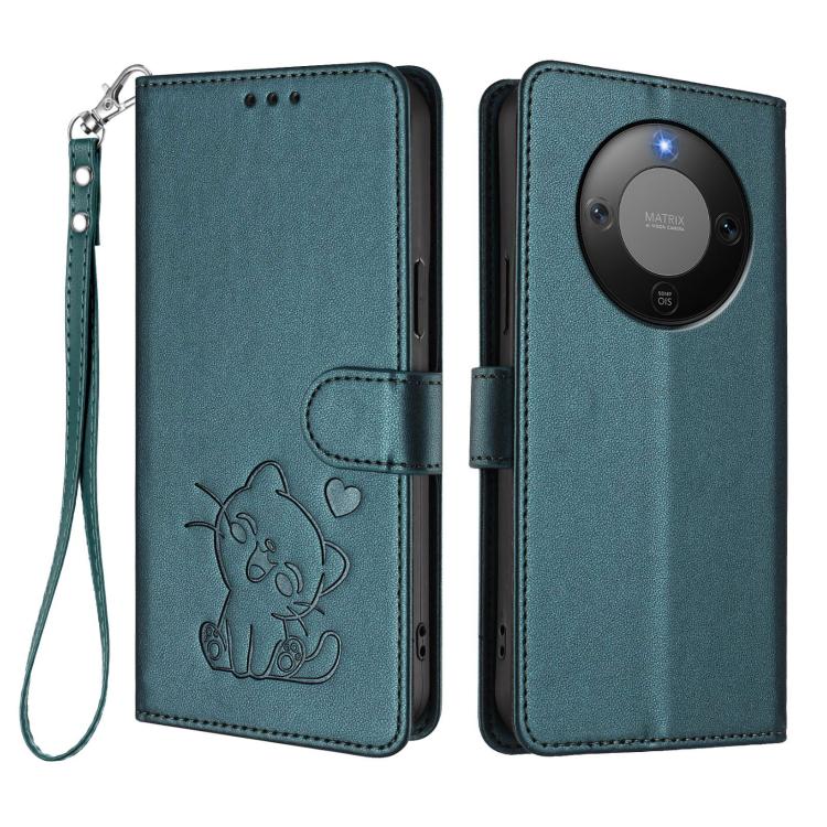 For Honor X70 5G Embossed Heart Cat Leather Phone Case with Hand Strap
