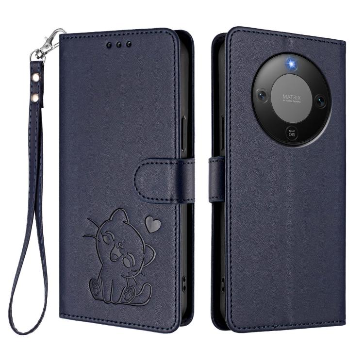 For Honor X70 5G Embossed Heart Cat Leather Phone Case with Hand Strap