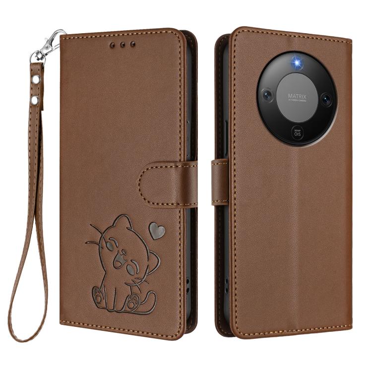 For Honor X70 5G Embossed Heart Cat Leather Phone Case with Hand Strap