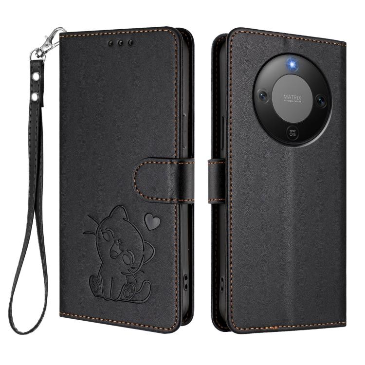 For Honor X70 5G Embossed Heart Cat Leather Phone Case with Hand Strap