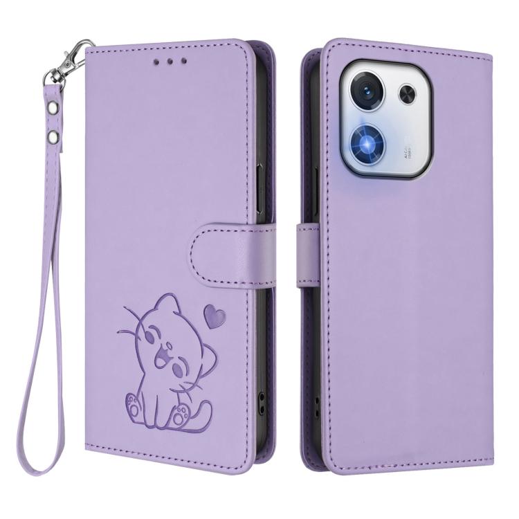 For Honor X70i Embossed Heart Cat Leather Phone Case with Hand Strap