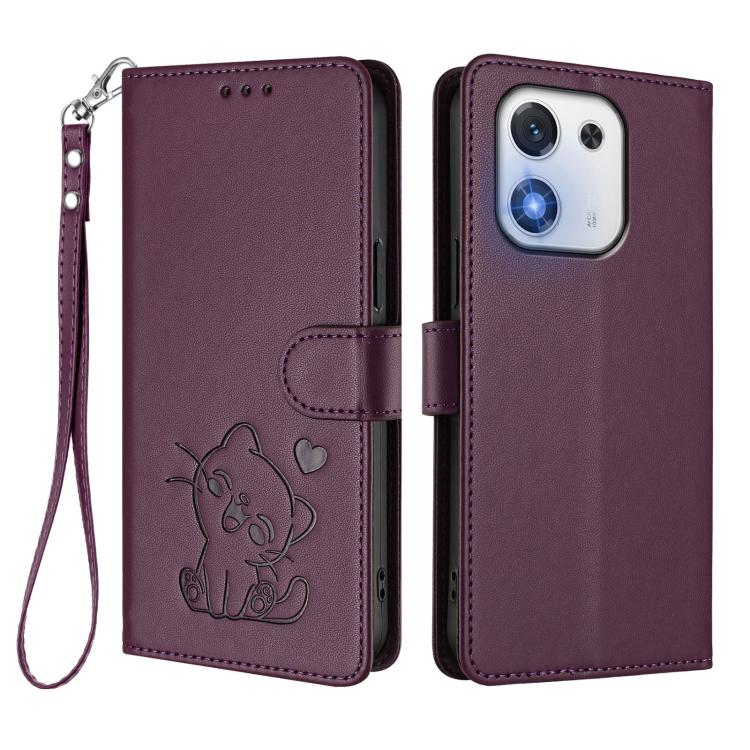 For Honor X70i Embossed Heart Cat Leather Phone Case with Hand Strap